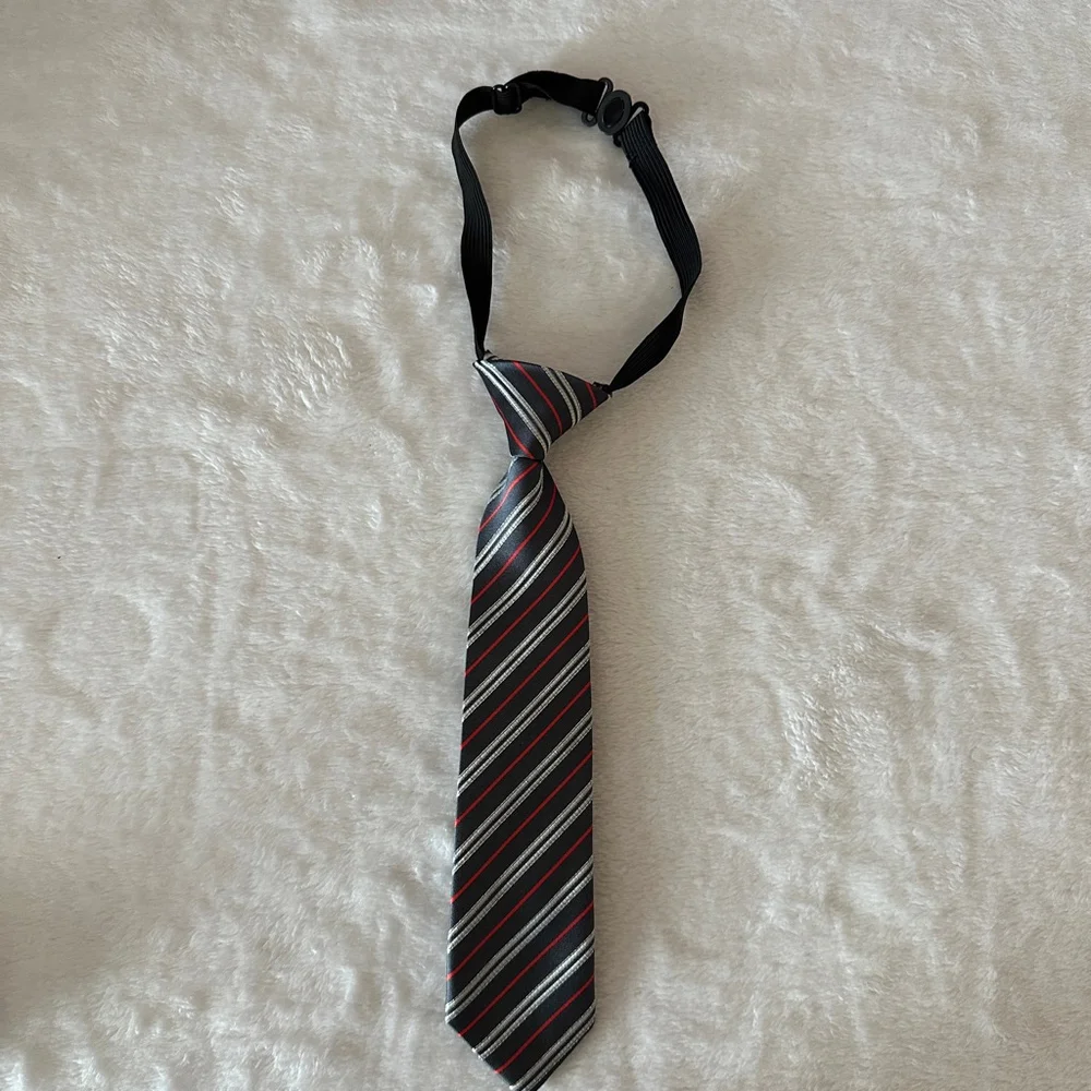 H&M Boys Black Red Striped Tie Polyester 9 inches Pre-Tied Neck Strap